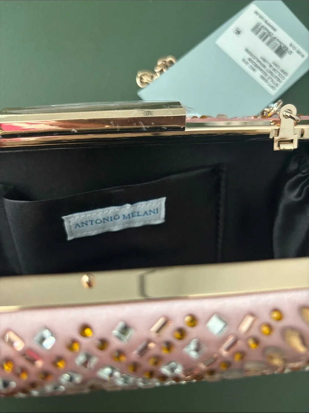 ANTONIO MELANI Pink Jeweled Evening Clutch with Gold Chain